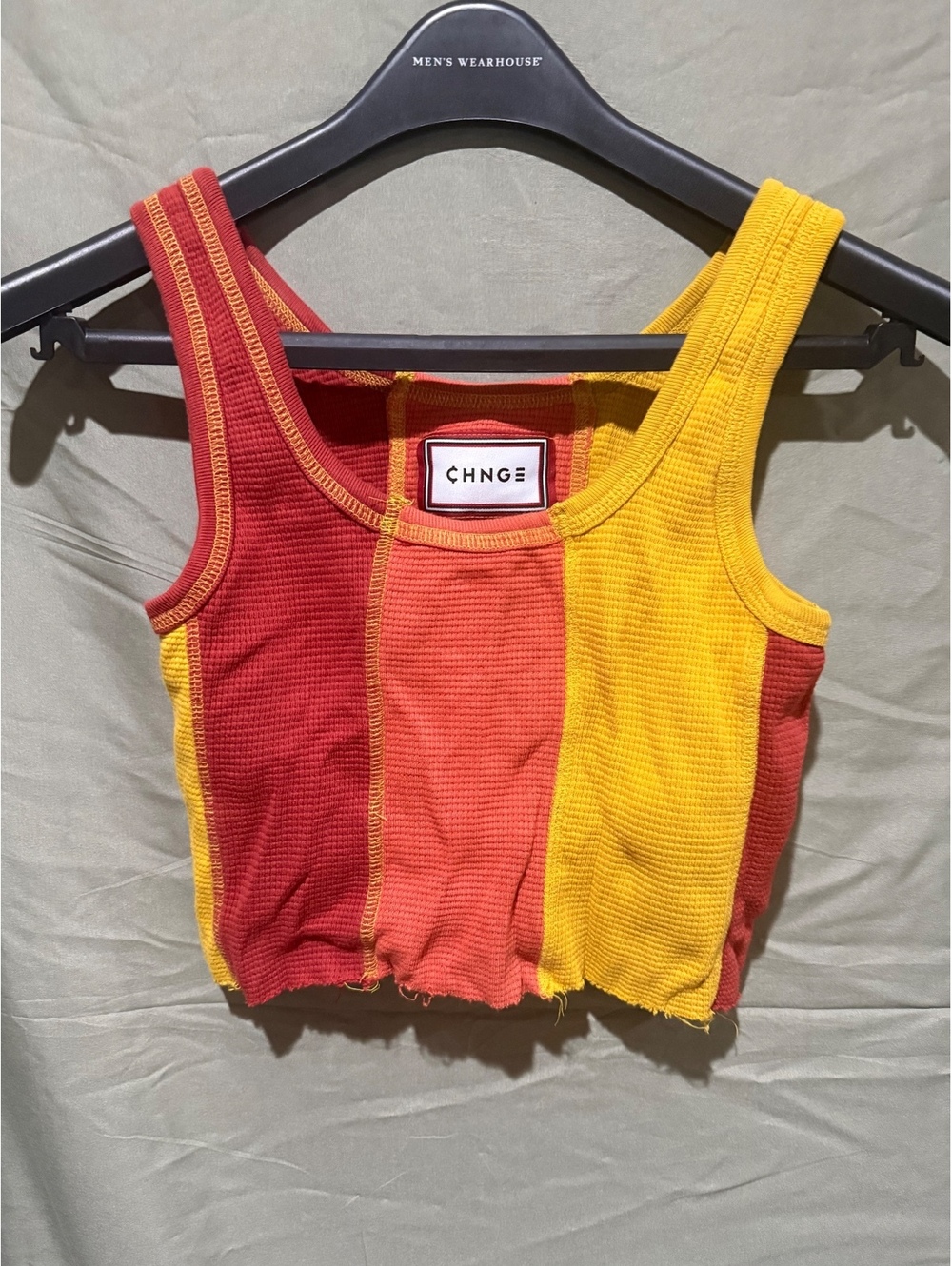 CHNGE red and yellow striped cropped tank top